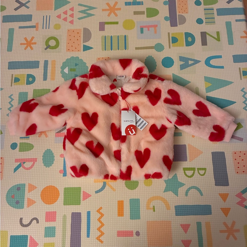 Girls Fuzzy Fur Heart Patterned Jacket - Pink and Red